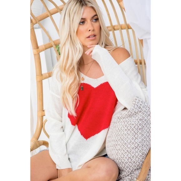 Sweaters - White Red Heart Knit V-Neck Valentines Day Long Sleeve Relaxed Sweater